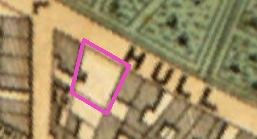 Detail of 44, 46, & 46 Hull Street along with 1 & 2 Hull Street Place all as empty lots from 1852 map.