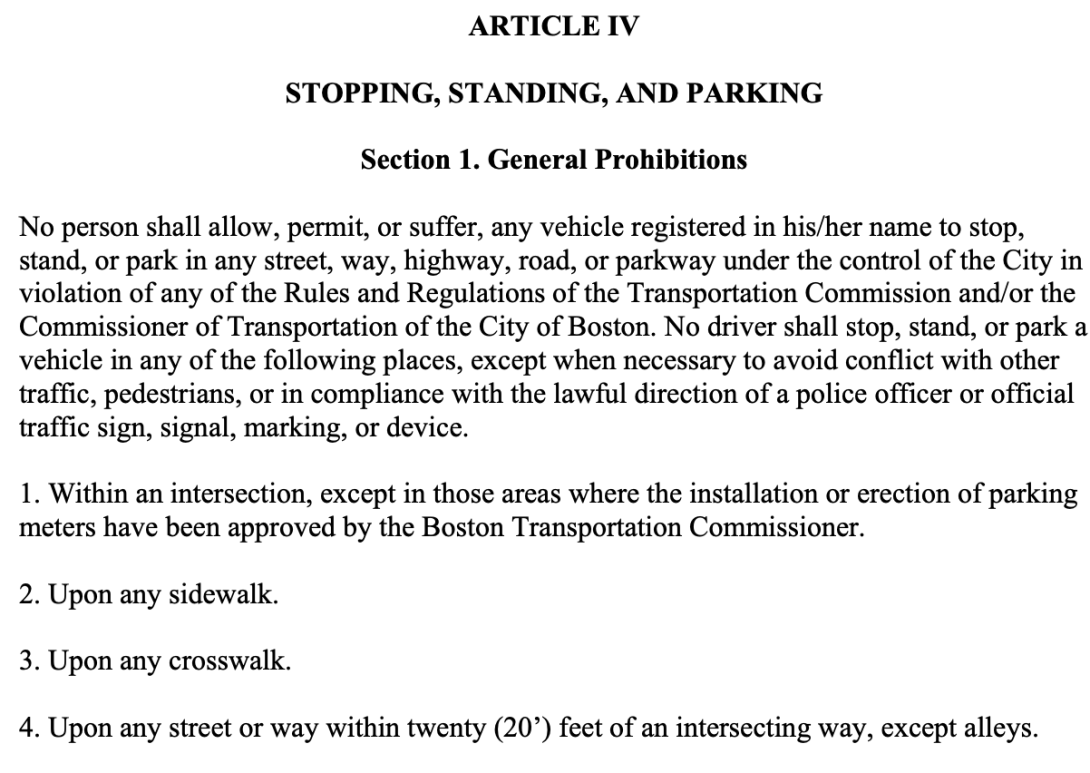 Article IV Section 1 of Boston Traffic Rules and Regulations prohibits parking within 20 feet of an intersection, but this is not enforced in the North End